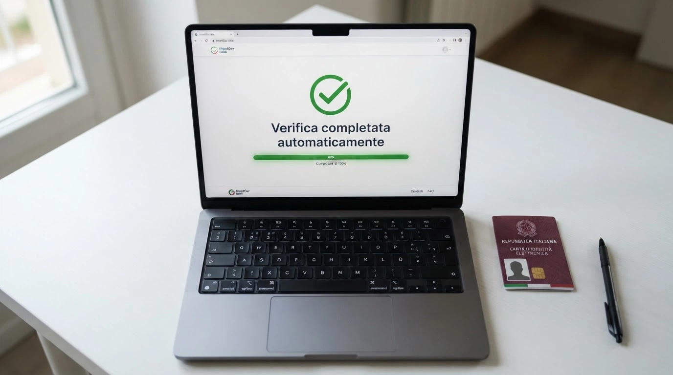 Schermata di registrazione con indicatore «Verifica completata automaticamente» e spunta verde, senza icone di caricamento documenti