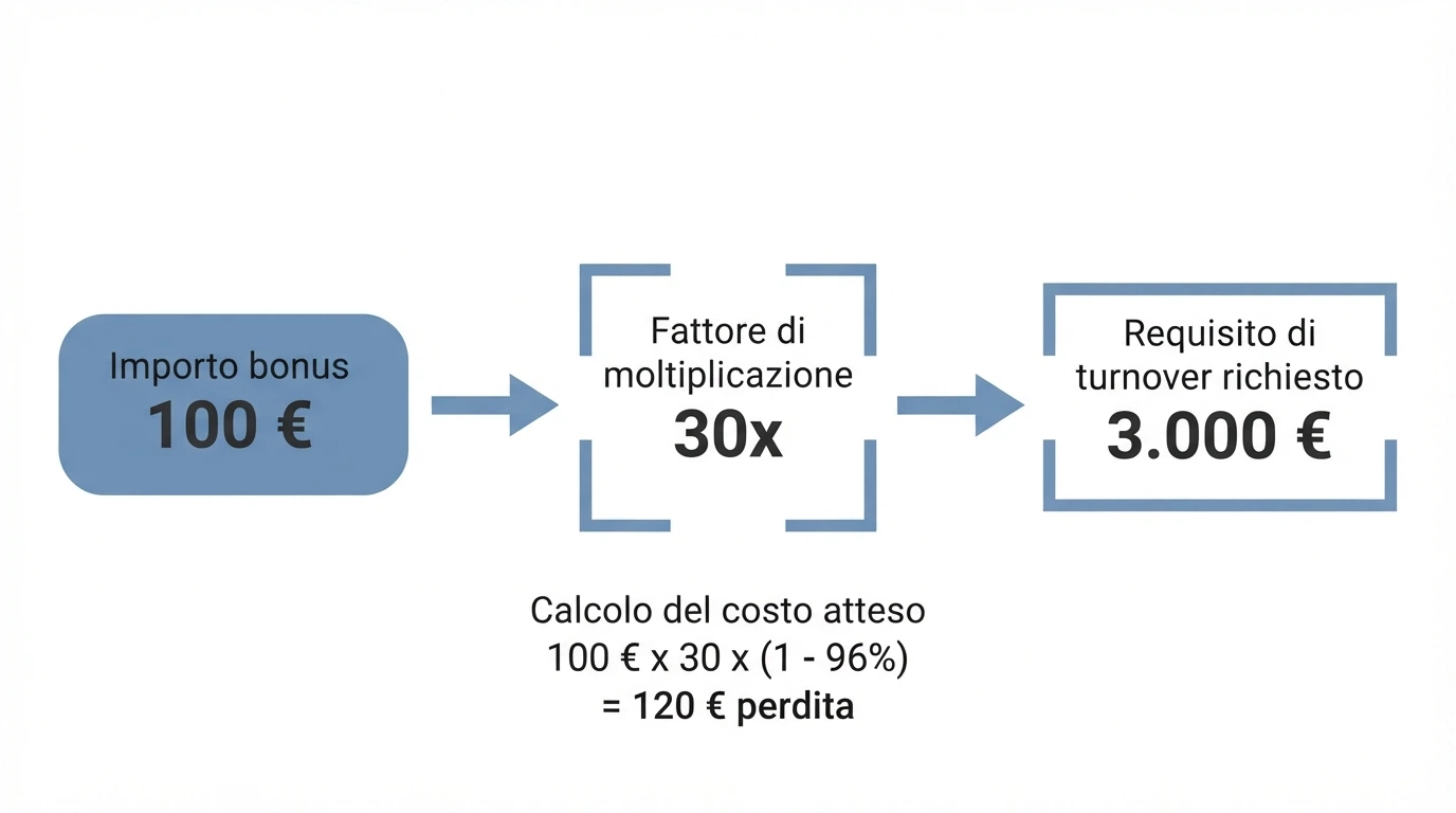Schema visivo che mostra il percorso da un bonus di 100 € al turnover richiesto di 3.000 € con wagering 30x