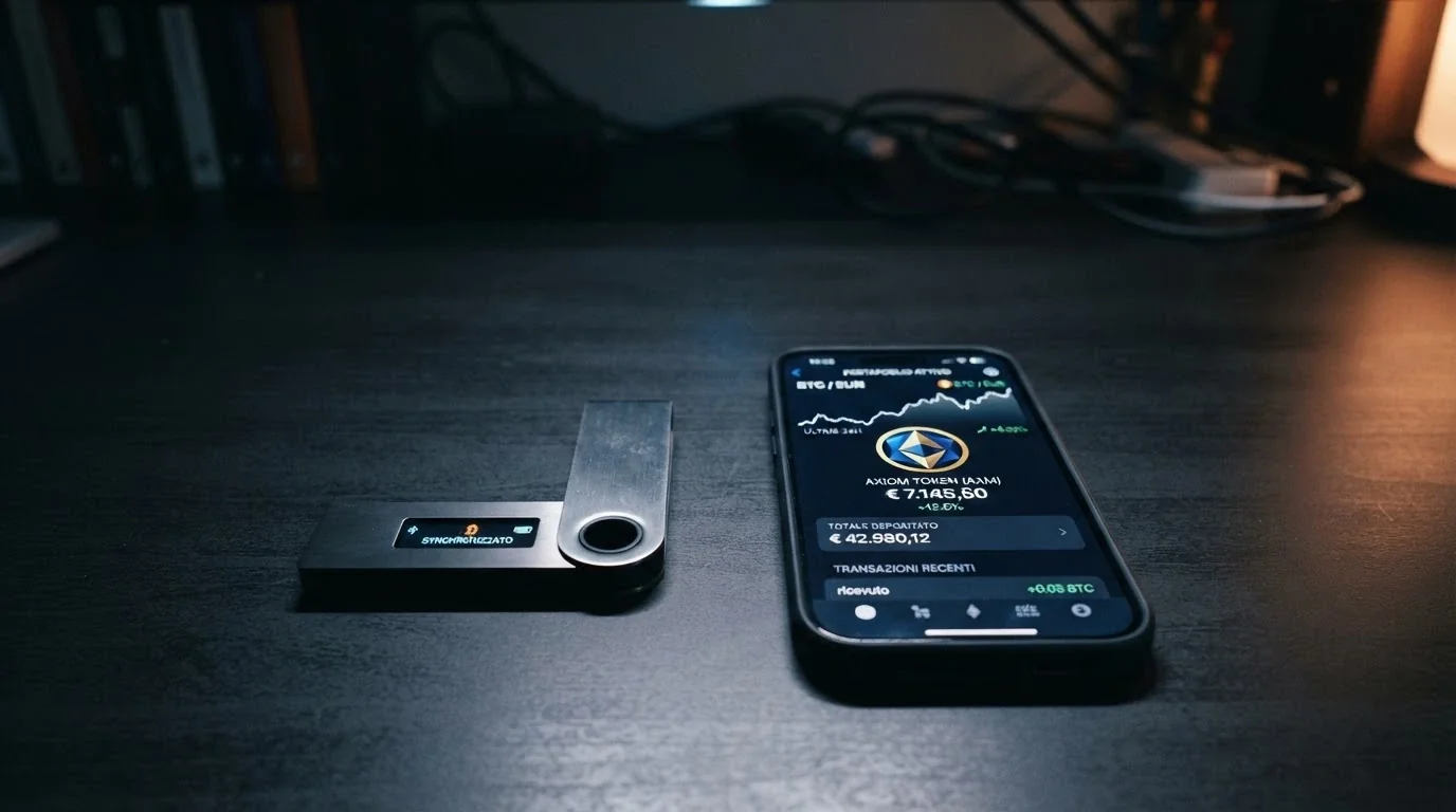Un portafoglio hardware per criptovalute appoggiato accanto a uno smartphone che mostra la homepage di un crypto-casino con corso delle criptovalute in tempo reale