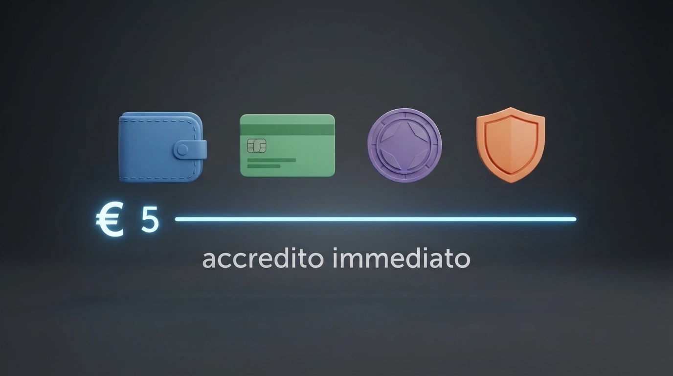 I loghi di PayPal, Postepay, Skrill e Paysafecard allineati sopra una linea che parte da 5 € e sale, con l'etichetta «accredito immediato, zero commissioni» in basso